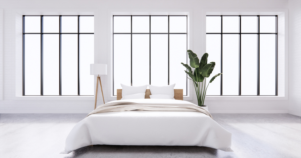 3D Rendered Bedroom Interior with Houseplant by the Window